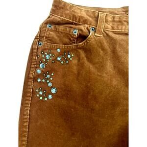 Y2K Rust Brown Corduroy Flare Leg pants Studded Brass Embellished Size 10 Grunge